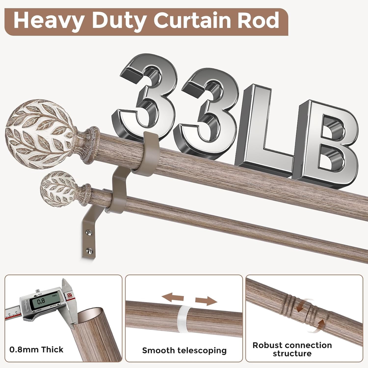 Double Curtain Rod 36-76 Inch, Boho Wood Decorative Dual Curtain Rods for Windows, 1" Adjustable Heavy Duty Double Rod, Unique Handmade Imitation Weathered Wood Grain Leaf Finials Design