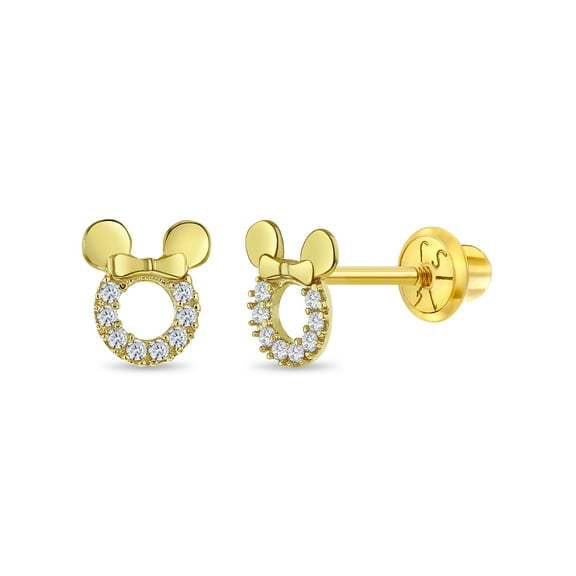 14k Gold CZ Encrusted Mouse Kids / Children's / Girls Earrings Safety Screw Back