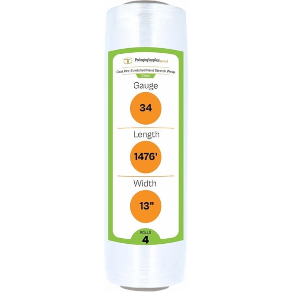 PSBM Cast Hand Pre-Stretch Wrap 13" x 1476 Feet 4 Rolls 34 Gauge Plastic Clear Shrink Film for Moving Packing