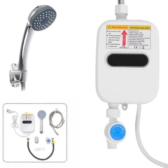 3500W 110V Electric Tankless Water Heater Shower Head Set, LCD Display, Instant Hot Water Heater for Kitchen/Bathroom Shower, White