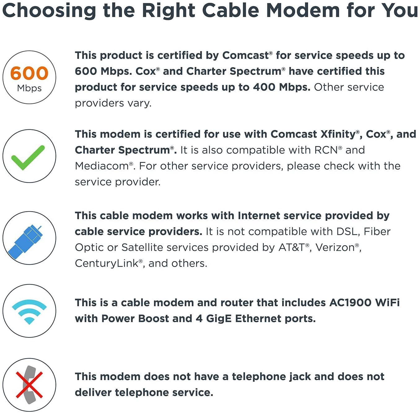 Motorola MG7700 Modem with AC1900 Dual Band 1000 Mbps Wi-Fi Gigabit Router with Power Boost