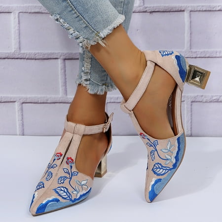 

Women s Pointed Toe Pumps T Strap Buckle Chunky Block Heel Dress Sandals with Floral Embroidery