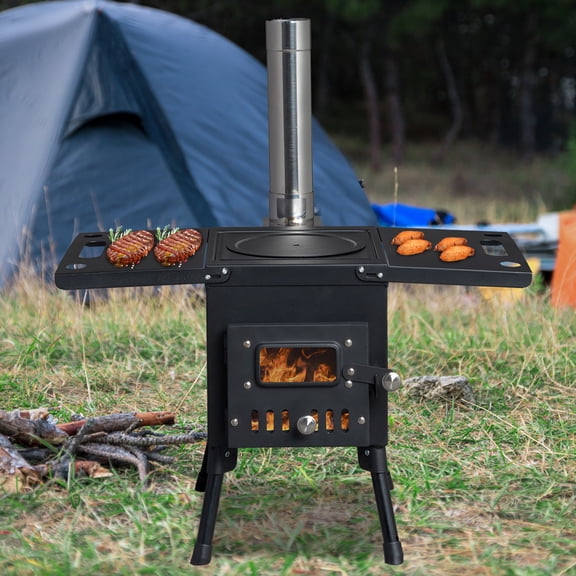 Outdoor Wood Burning Camp Stove with Chimney Tube, Stainless Steel Portable Wood Camping Stove with Foldable Rack for Tent, Cookout, Hiking