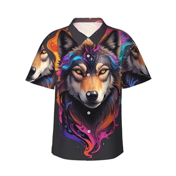 Balery Colorful Wolf Head Camisas hawaianas de manga corta para hombre, camisas playeras de corte holgado, camisas de vacaciones con botones,XX-Large