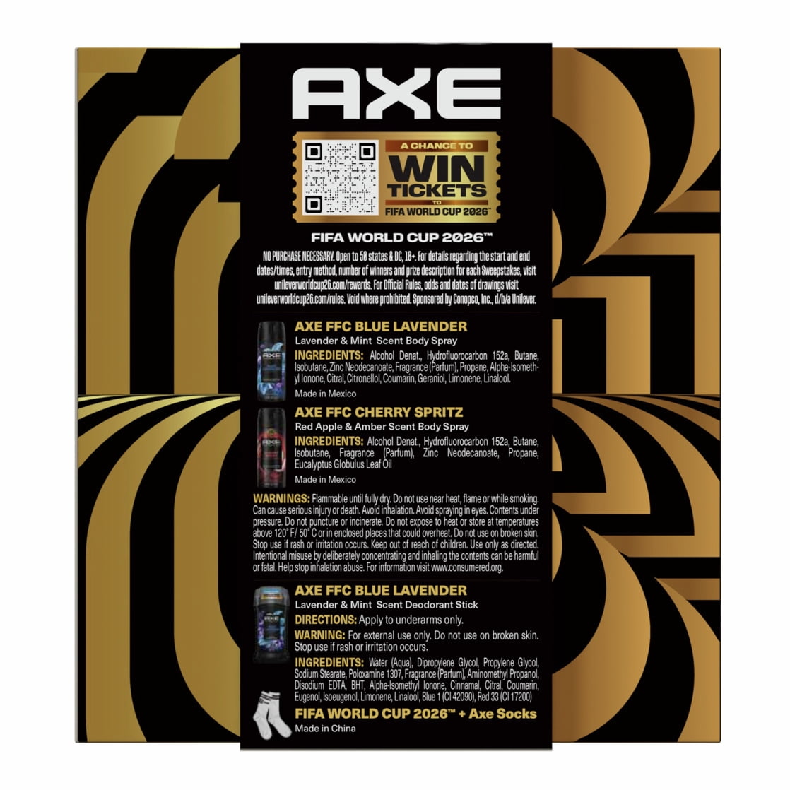 AXE Fine Fragrance Collection X FIFA World Cup Gift Set Blue Lavender Deodorant Stick & Spray, Cherry Spritz Deodorant Spray + Socks, 3 Count