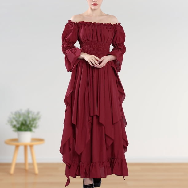 Vestido de manga tres cuartos para mujer ropa de fiesta plisada con cuello oblicuo Estilo Vintage