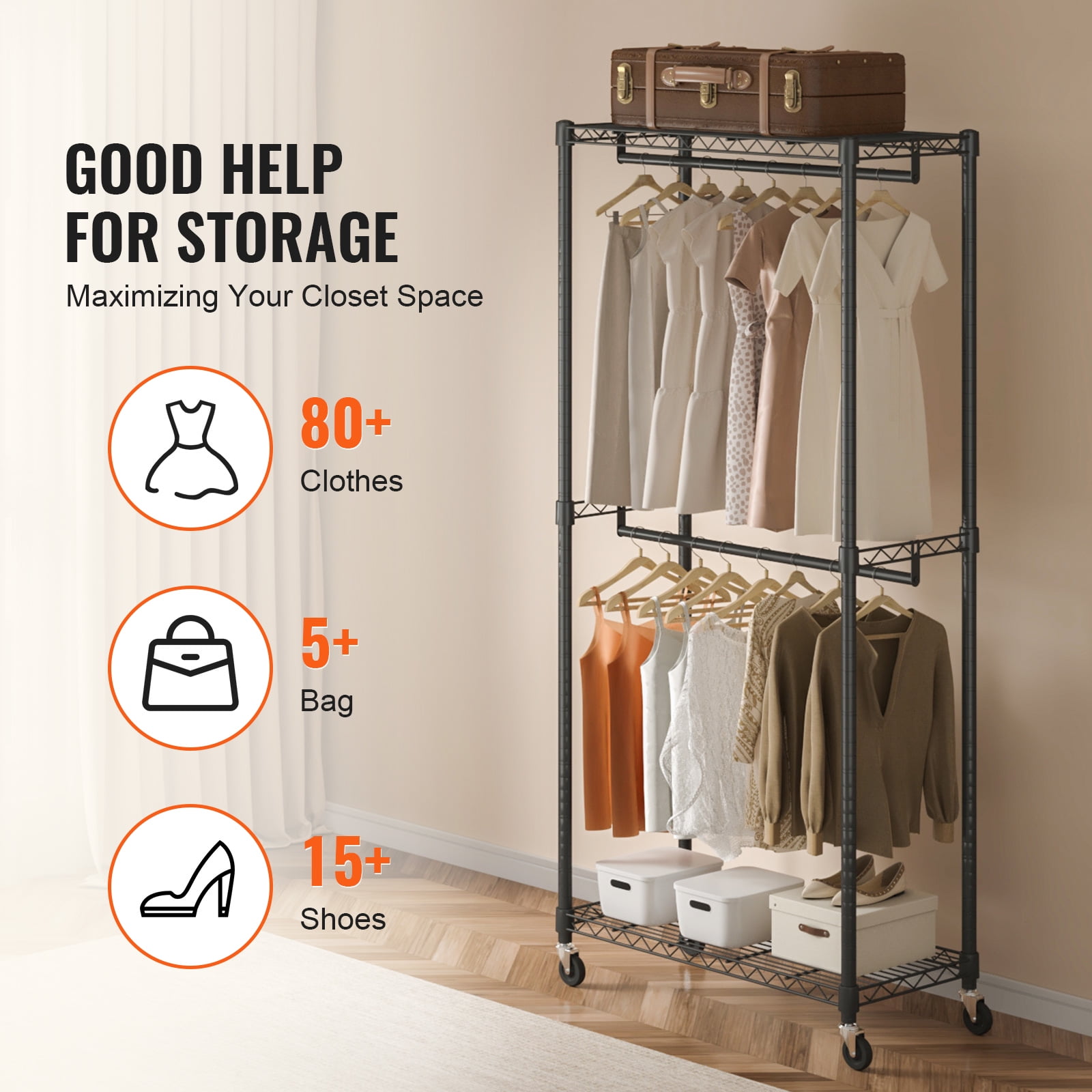 VEVOR Clothes Rack 300 lbs Double Hanging Garment Rack with Wheels Heavy Duty Rolling Clothing Garment Rack 36in W x 17.7in D x 80.3in H Black
