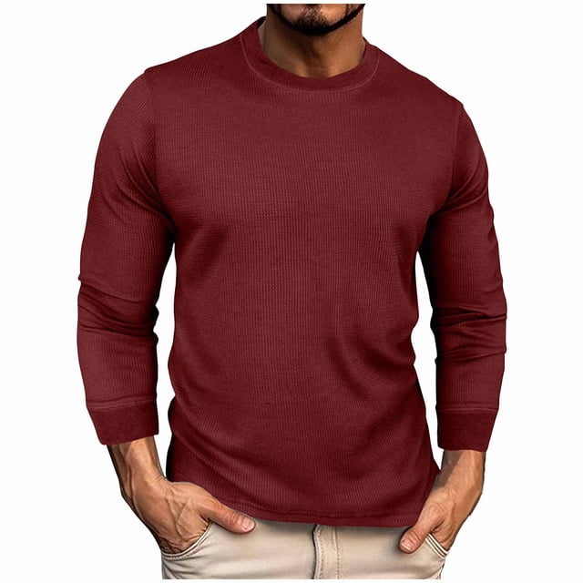 Blusas y camisas de manga larga con cuello redondo para hombre, moda de alta elasticidad, ocio, color sólido, cuello redondo, camisa de manga larga fácil, abrigo de poliéster para hombre
