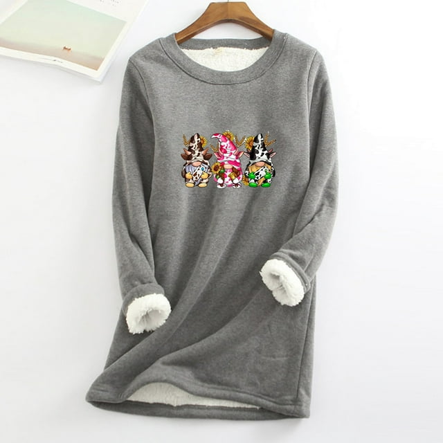 T-Shirts pour Femmes Col Rond Poche Épaissi Peluche Chaud Manches Longues Hauts pour Femmes en Liquidation