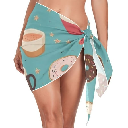 Donuts Tea Blue Women Coverups Beach Cover Up Chiffon Swimsuit Bikini Wrap Short Skirt Beach Slit Tie Waist