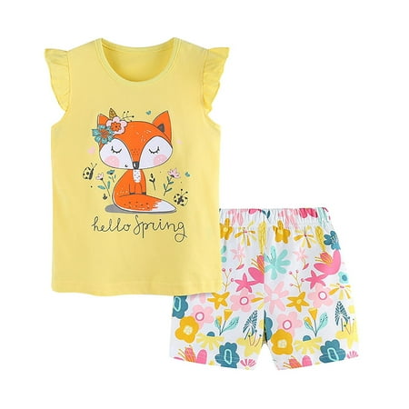 

Kids Girls Summer Animal Cartoon Letter Print Fly Sleeve T Shirt Tops and Floral Printing Shorts 2PCS Outfits Clothes Set Children s Clothing Tennis Clothes for Girls for Winter Size 2t Girls Clothes