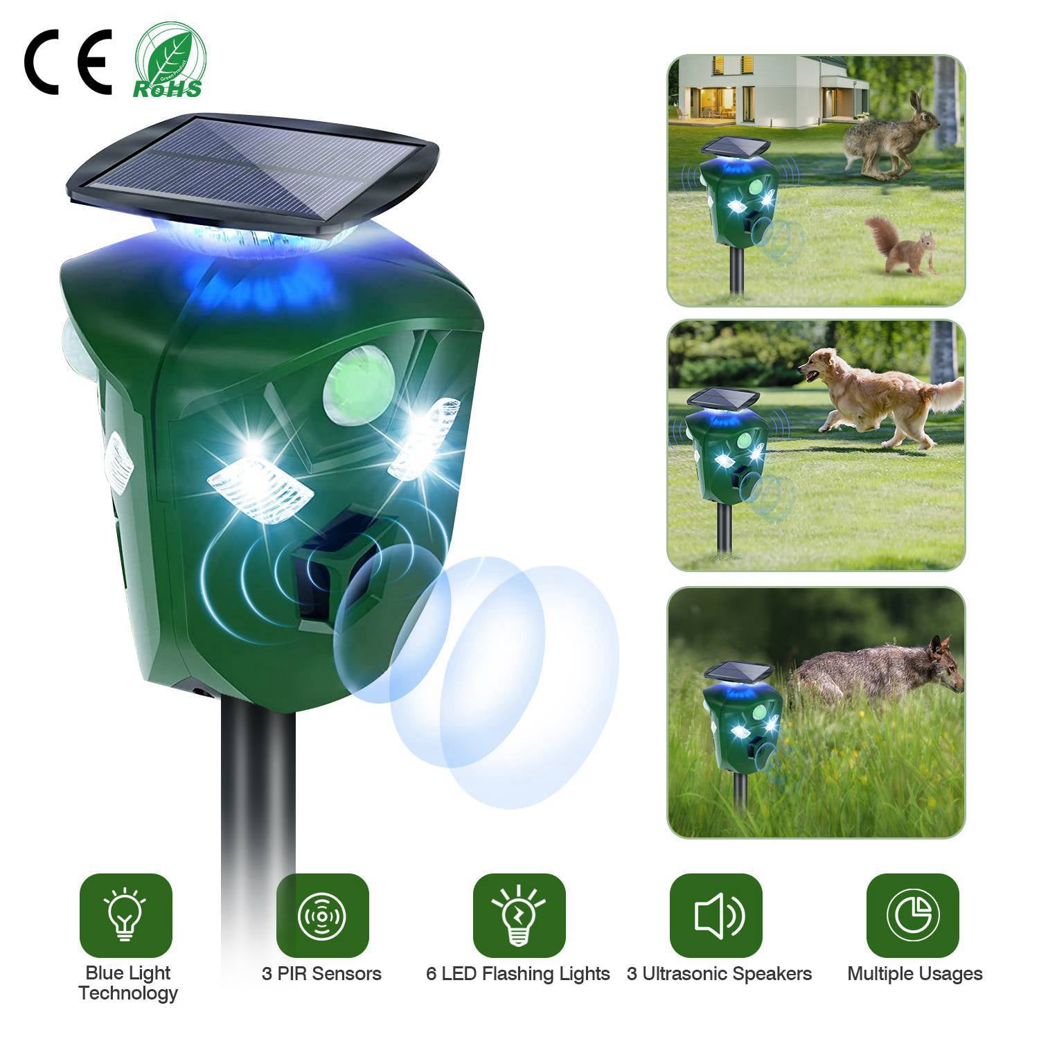 Solar Powered Ultrasonic Animal Repeller Waterproof Outdoor, iMounTEK
