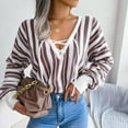 thumbnail image 4 of Fesfesfes Women Sweater Fall Winter Long Sleeve Stripe Contrasting Lantern Sleeve V-Neck Sweater Tops Under $10, 4 of 6