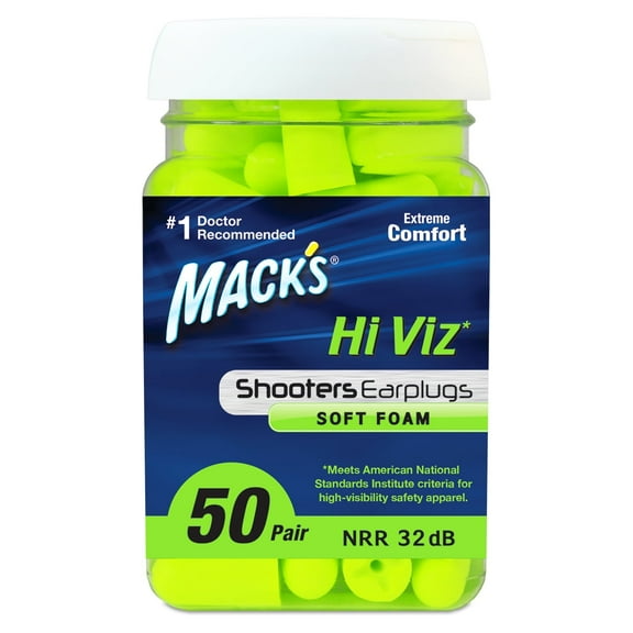 Mack's Hi Viz Soft Foam Shooting Earplugs, 50 Pair - Most Visible Color, Easy Compliance Checks, 32dB High NRR - Comfortable, Safe Ear Plugs for Hunting, Tactical, Target Shooting