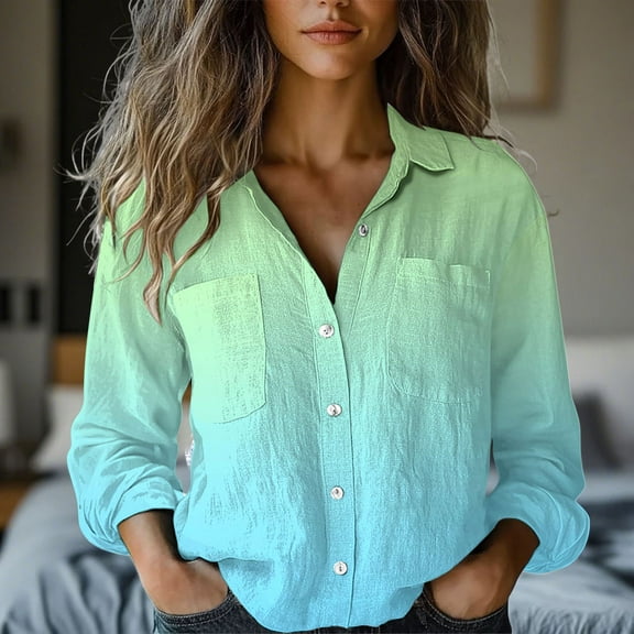 Blue Tshirts for Women's Long Sleeved Printed Button Down Shirt Womens Long Sleeve Tops