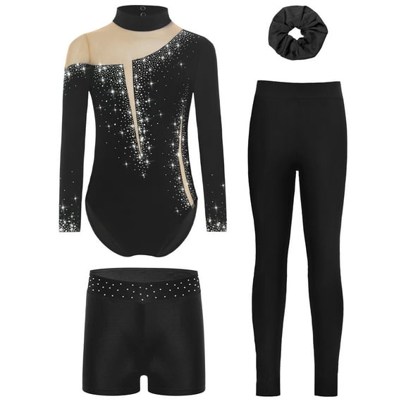 TSSOE Gymnastics Leotards for Girls Long Sleeve Sparkly Ballet Dance Bodysuit Jumpsuit and Shorts Leggings Scrunchies Set Black 6