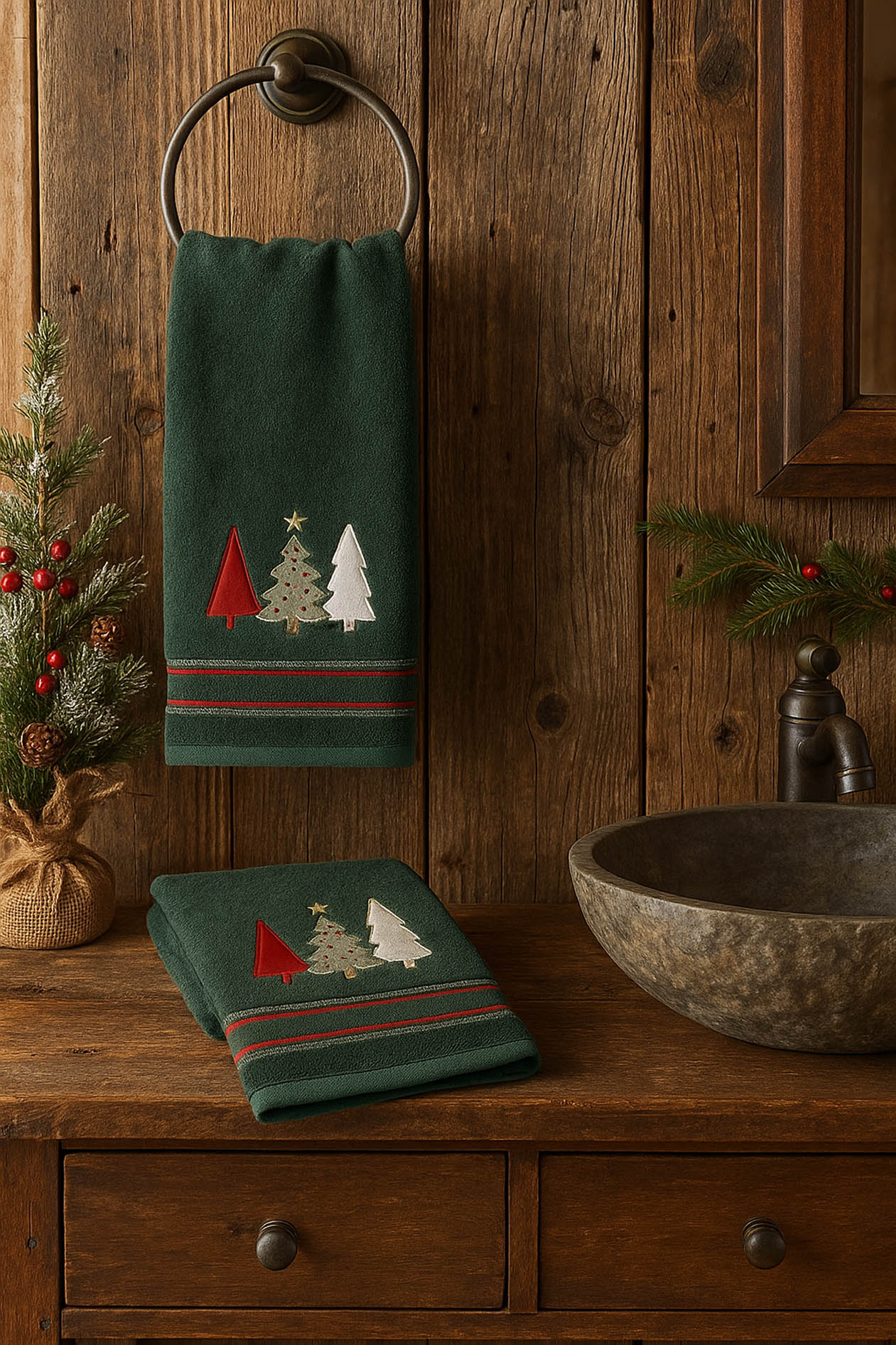 St Nicholas Christmas Tree Trio Green Bath Hand Towels Cotton Set of 2 Pieces