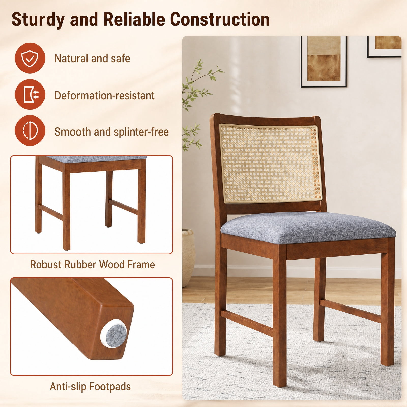 Furnibear Rattan Dining Chairs Set of 2 with Rubber Wood Frame and Linen Fabric Padded Seat for Kitchen and Dining Room, Walnut