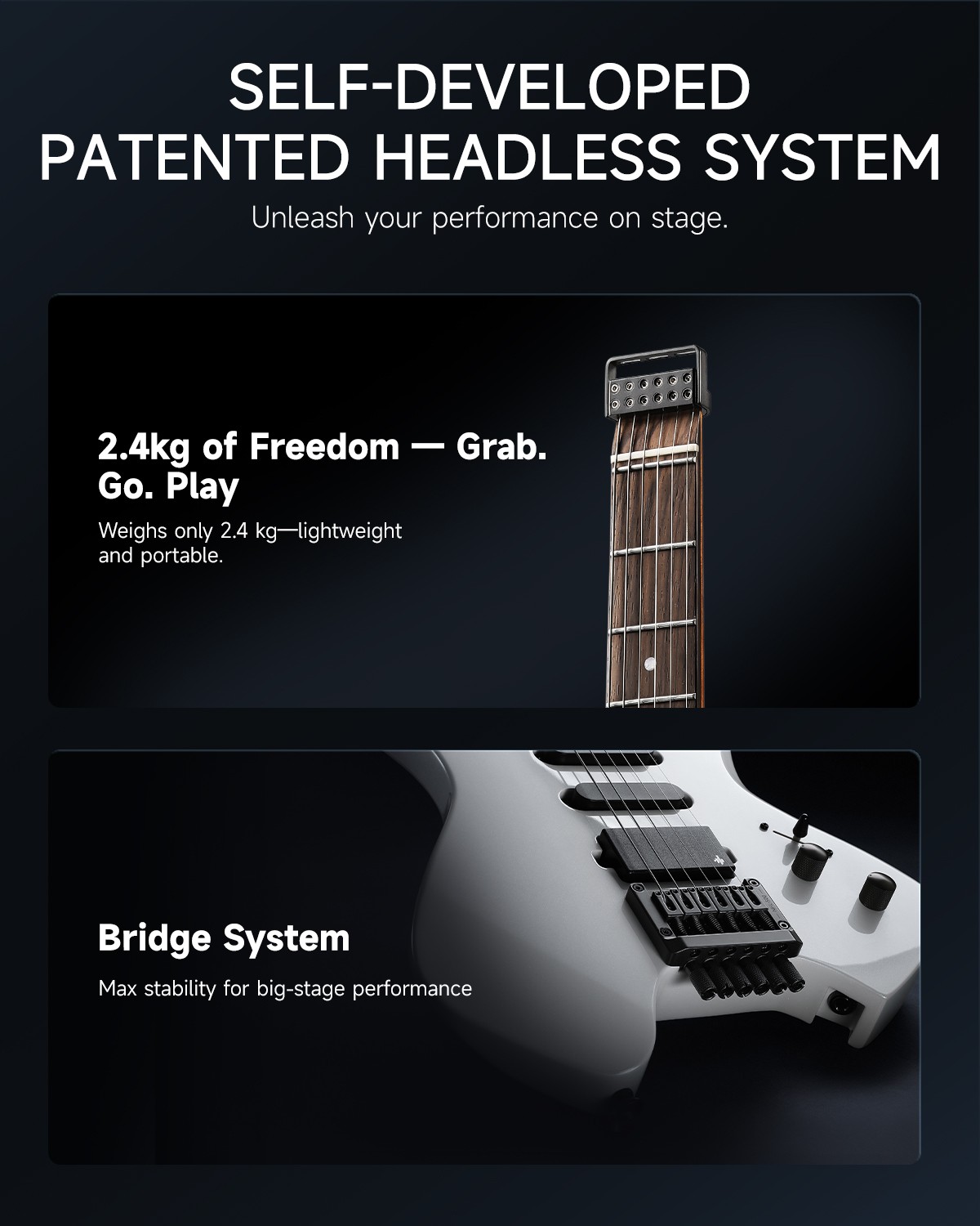 Donner Headless 500 electric guitar Electric Guitar Headless With Gig Bag H-S-S Solid Body, White