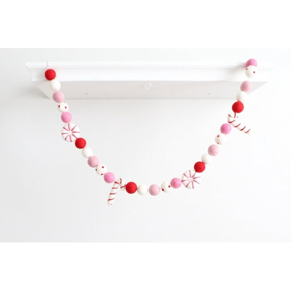 Christmas Felt Garland Wool Pom   Balls Candy Cane Peppermint Ornament Boho Pink Holiday Bright Decor Mantel Hanging Seasonal Banner Craft Wall Party