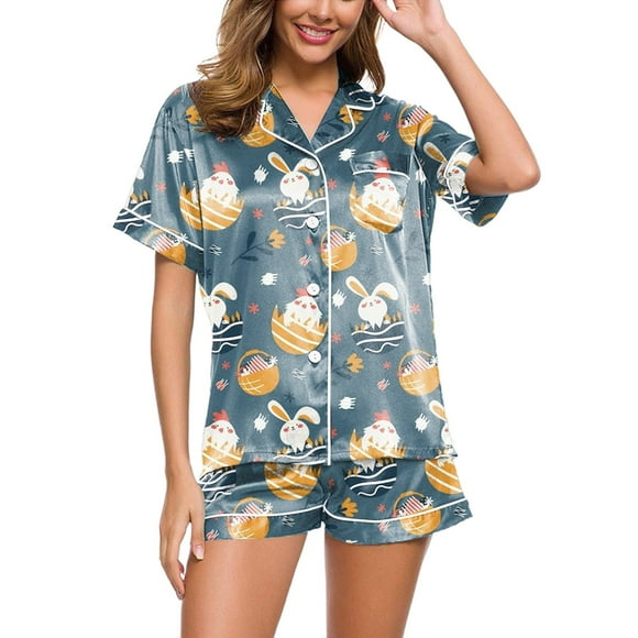 GDREDA Women's Pajama Pants and Top Set 2 Piece Sets Pajamas For Women Tiger Floral Graphic Print Short Sleeve Button Shirt And Shorts Pajama Set Women Pajama Sets pyjamas Navy,M