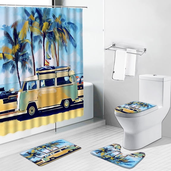 Seaside Travel Bus Palm Tree Ocean Scenery Shower Curtain Set Sunlight Beach Non-Slip Toilet Cover Rug Bath Mat Bathroom Curtain