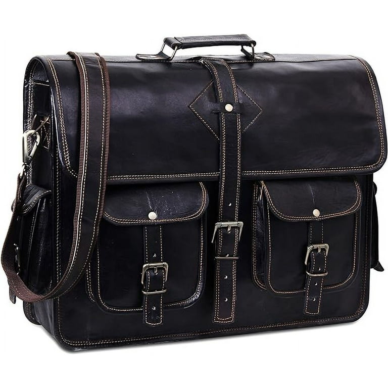 Hulsh Black Leather Messenger Bag for Men and Women 18 inch Handmade Vintage Genuine Leather Laptop Bag for Men Best Leather Briefcase Satchel