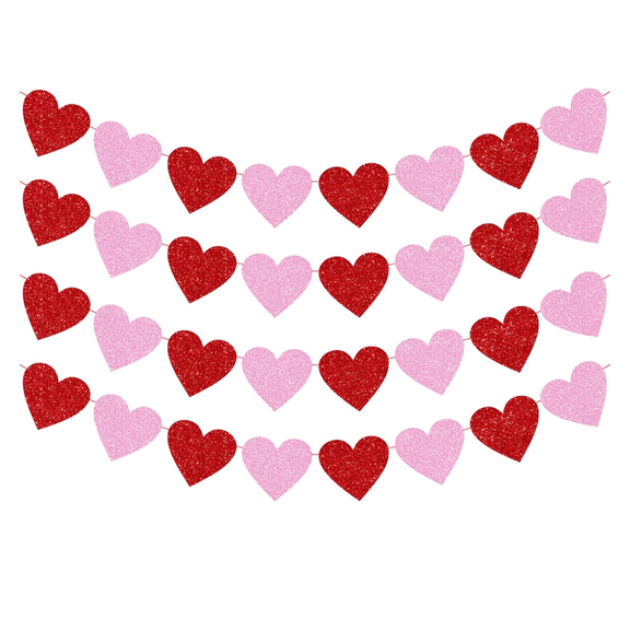 4 Pack Felt Heart Valentine’s Day Garland Banner Valentines Day Heart Decorations for Anniversary Wedding Engagement Party Home Office Wall Decorations Supplies