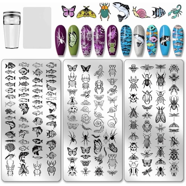 Juego de 3 placas para estampar uñas con diseño de insectos, peces, escarabajos, caracoles, mariposas y criaturas aladas.