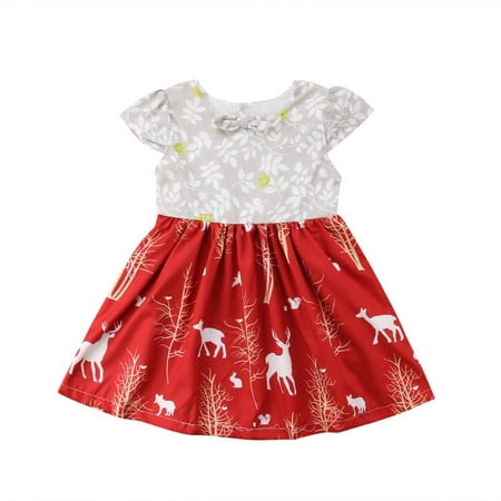 Baby Girl Toddler Dress Reindeer Short Sleeve Christmas Party Wedding