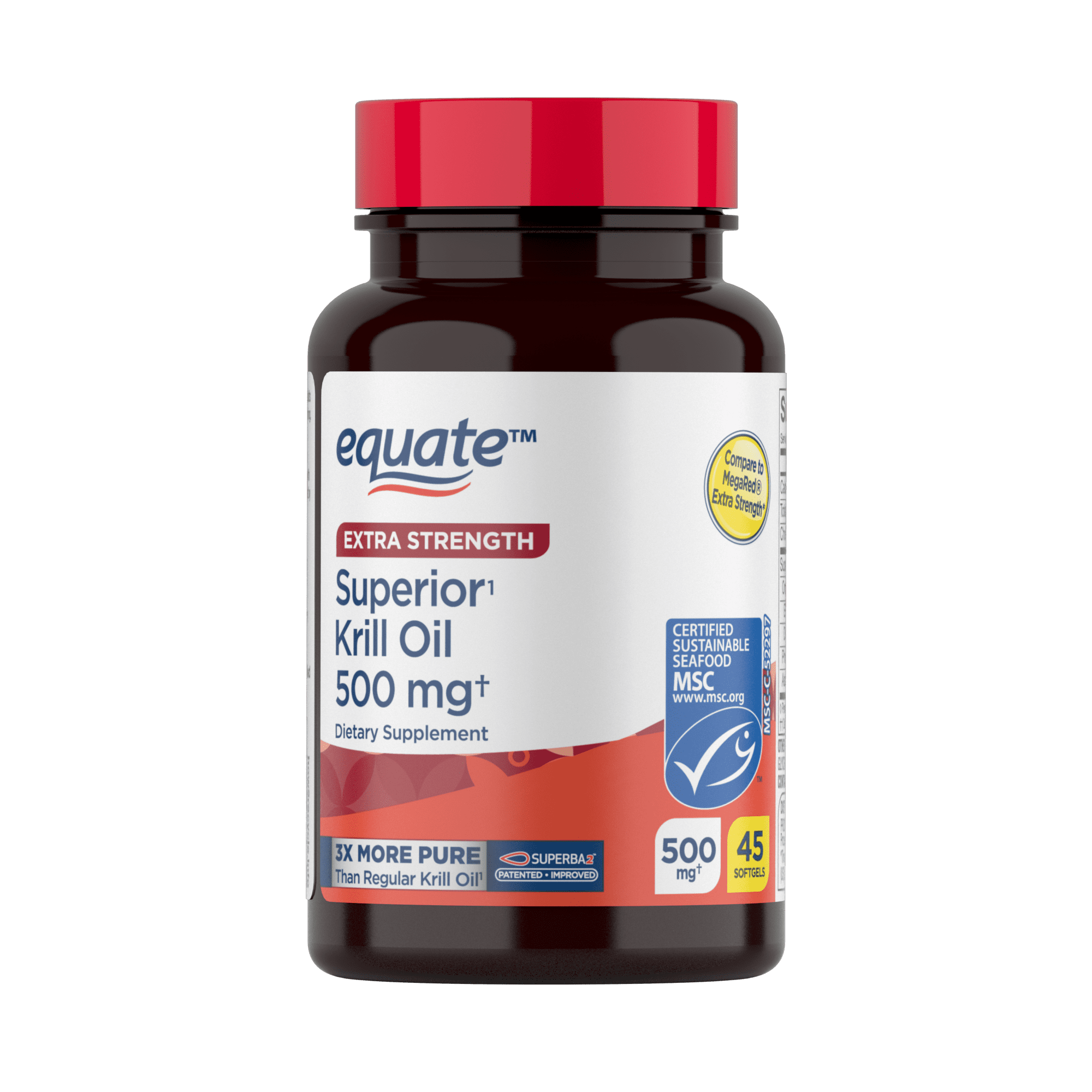 (2 pack) Equate Extra Strength Krill Oil Dietary Supplement, 500 mg, 45 Count, Compare to MegaRed® Extra Strength
