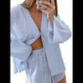 thumbnail image 1 of Pijama de Verano para Mujer, Conjunto de 2 Piezas con Cuello en V, Camisa de Larga A Juego y Pantalones Cortos Holgados de Cintura Alta. Azul M, 1 of 10