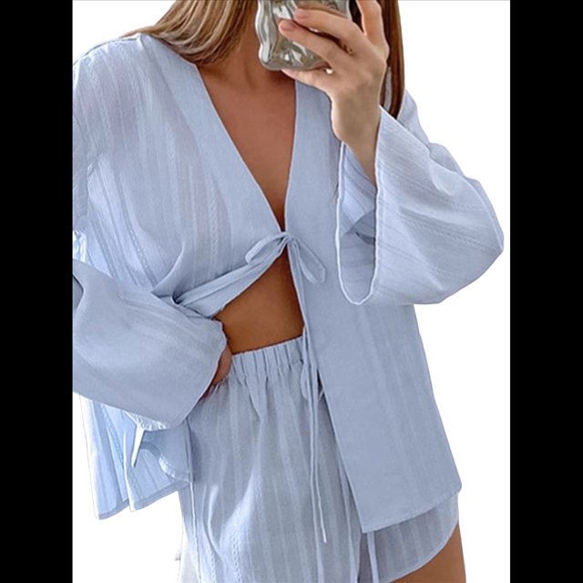 Pijama de Verano para Mujer, Conjunto de 2 Piezas con Cuello en V, Camisa de Larga A Juego y Pantalones Cortos Holgados de Cintura Alta. Azul L