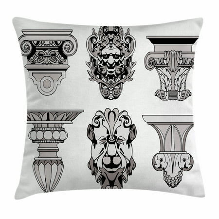Toga Party Throw Pillow Cushion Cover, Roman Architectural Decorations Sphinx Lion and Column Antique Design, Decorative Square Accent Pillow Case, 16 X 16 Inches, Light Grey Black, by Ambesonne