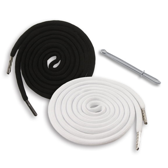 EKIND 2PCS 51 Inch Long Universal Drawstring Cords Replacement with 1PC Easy Threaders, Suitable for Sweatpants,Shorts,Hoodie String, Simple and Durable(Black White Cord, Round Metal Head )