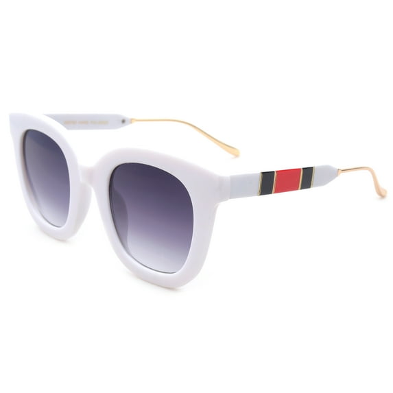 Newbee Fashion Oversized Round Vintage Frame Fashion Sunglasses for Women, Gold Metal Tips, Green and Red Strips Design on Arm, White Frame Gradient Smoke Lens