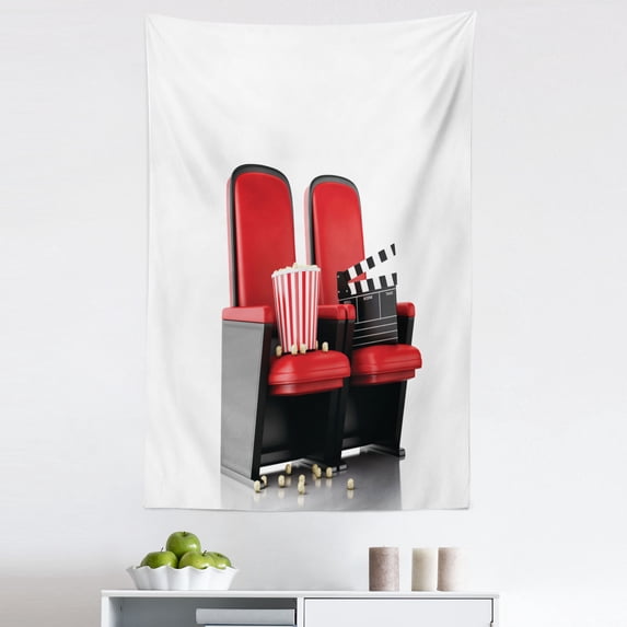 Movie Theater Tapestry, 3D Illustration Cinema Concept Clapper Board and Popcorn on Theater Seat, Fabric Wall Hanging Decor for Bedroom Living Room Dorm, 5 Sizes, Red Black White, by Ambesonne