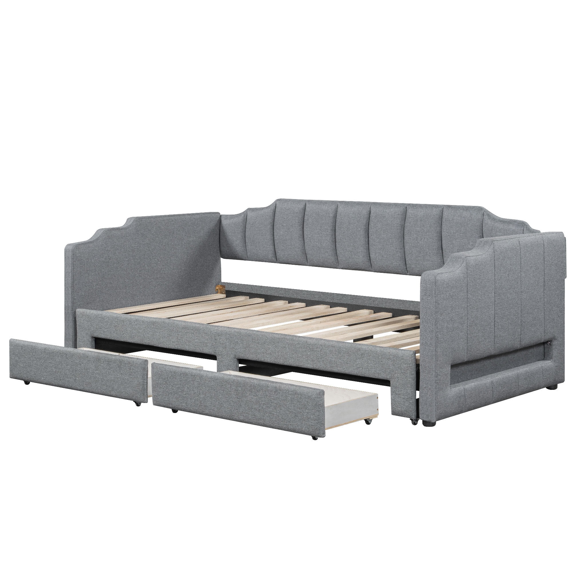 Euroco Upholstery Twin XL Extendable Daybed with Drawers & LED Lights, Convertible to King Size, Modern Beige Fabric, Multi-Functional Sleeper Sofa, Gray