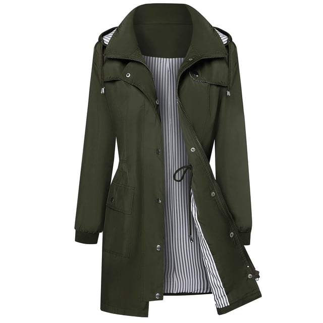 Swstbby Fall Savings Clearance! Womens Fall Jackets, Women's Fashionable Hooded Drawstring Button Jacket with Zipper Pocket Medium Length Jacket Army Green L