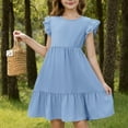 thumbnail image 4 of Spazoro Toddler Girls A-Line Dress, Solid Color Flutter Sleeve Casual Round Neck Princess Dresses for Child Girls Light Blue Size 5 T, 4 of 8