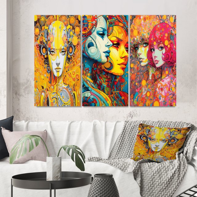 Designart "Charming Robots in Love Retro Art" Robot Wall Art Set Of 3 - Modern Yellow Gallery Set For Office Decor