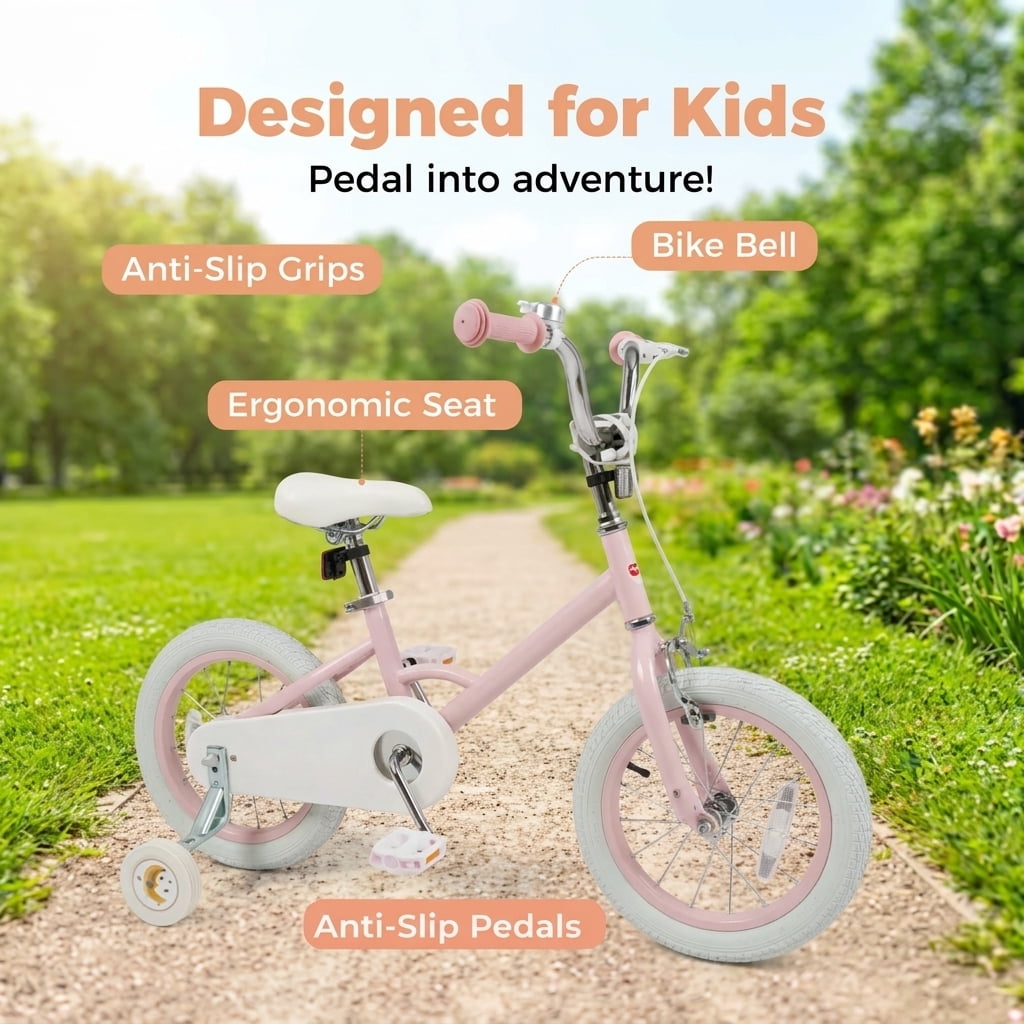 Redsmile Kids Bike 12 Inch for Boys Girls Ages 3-8, Adjustable Toddler Bicycle with Training Wheels and Stars & Moon Design, Height-Adjustable Seat, 110 lb Capacity, Pink