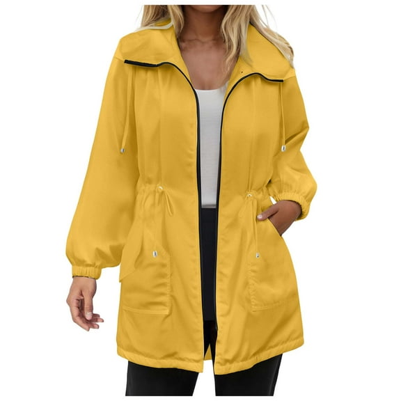 GEWSEY Womens Rain Jacket with Hood Packable Lightweight Raincoats for Women Waterproof Long Rain Coat Windbreaker (Yellow, XL)