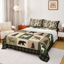 Feelyou Rustic Farmhouse Bear Queen Sheet Sets, Reindeer Moose Wildlife Flat Sheet, Olive Drab Square Plaid Queen Fitted Sheet, Breathable Home Decor, 4-Piece