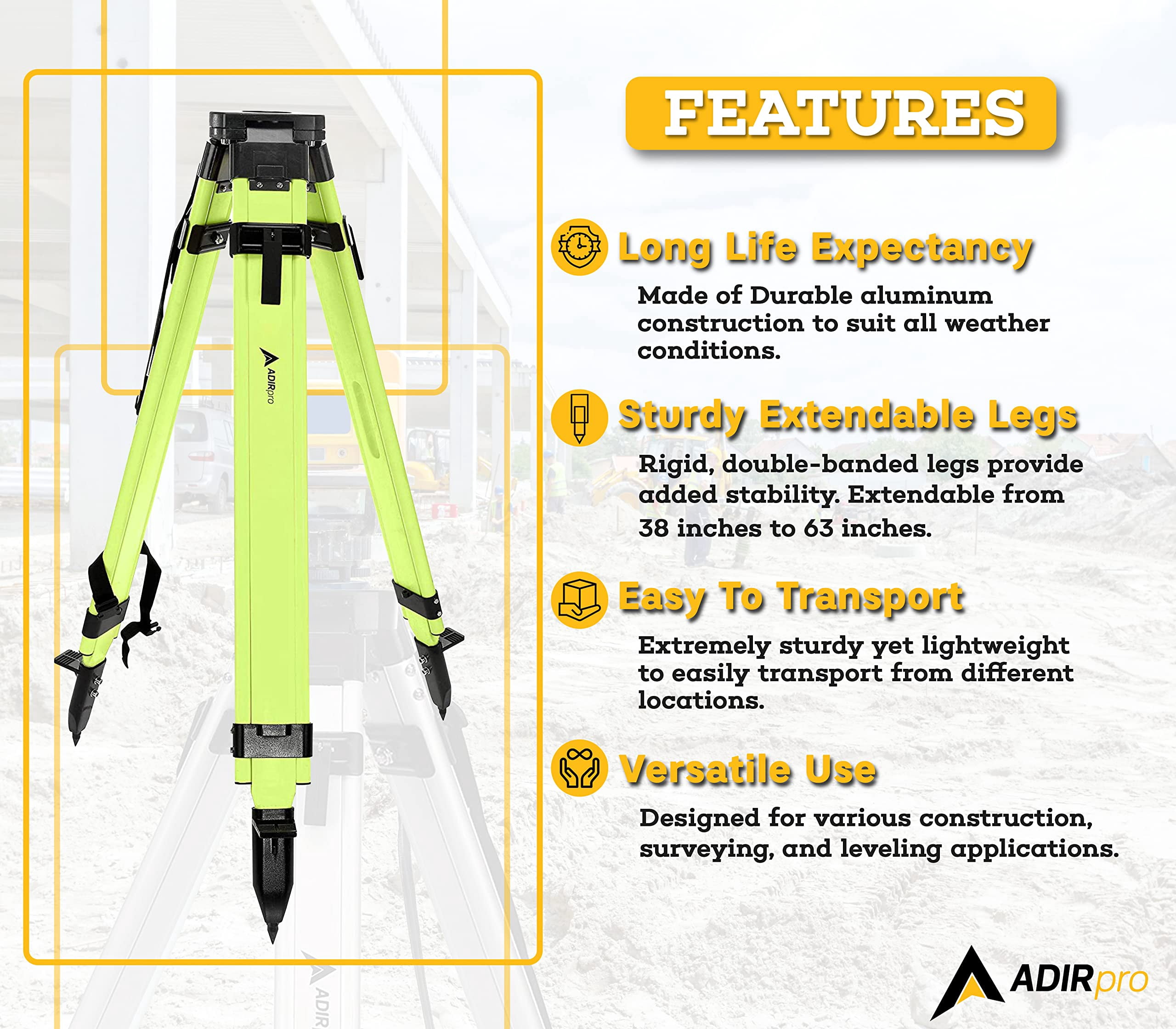 AdirPro Universal Survey Tripod – Laser Level Tripod – Transit Level Tripod - Quick Clamp - Heavy Duty Contractor Tripod 5/8” x 11” Thread (Green Aluminum)