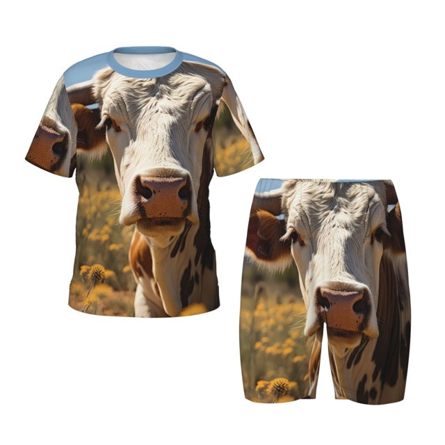 Fotbe Countryside Flower Cow Pijama Estampada de 2 Piezas para Niños – Ropa de Dormir de Manga Corta Cómoda para Niños y Niñas, Camiseta y Shorts de Algodón-4X-Large
