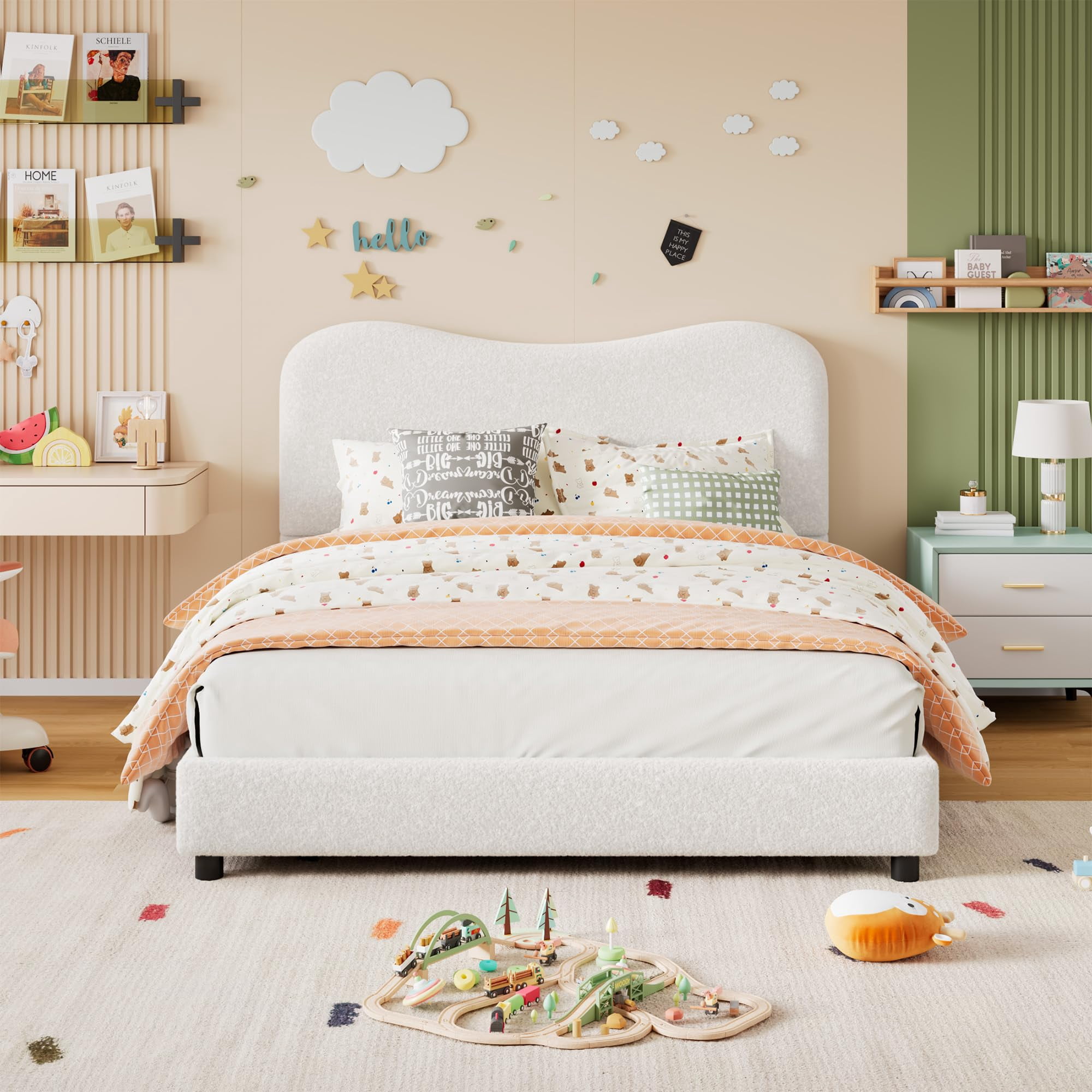 Twin/Full/Queen Size Velvet Upholstered Bed Frame with Boucle Headboard, Soft Rounded Corners Platform Bed with Low Profile Sturdy, Heavy Duty, Wooden Slats, Noise Free, Easy Assembly
