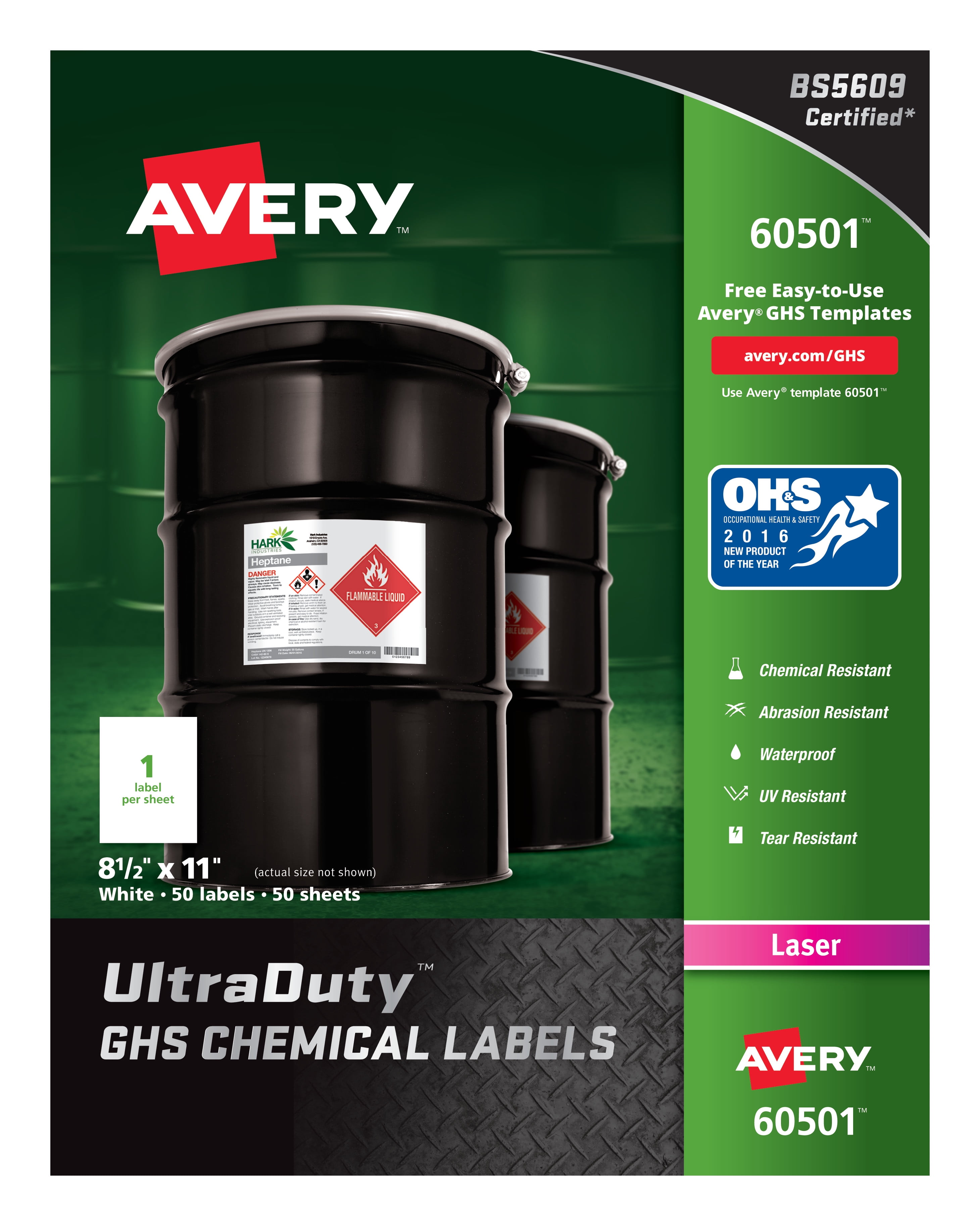Avery UltraDuty GHS Chemical Labels for Laser Printers, Waterproof, UV