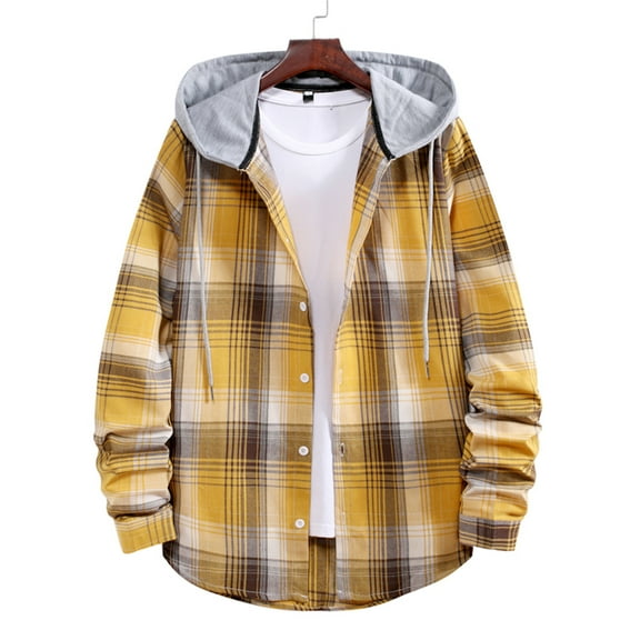 Holloyiver Men's VersatileHoodie Basic Classic Scottish CheckHooded Shirt Yellow
