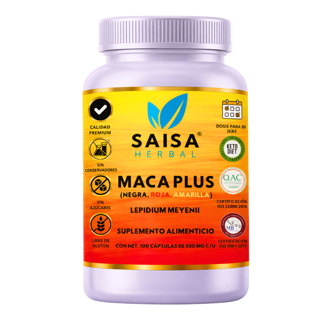 Maca Plus | Maca Negra + Maca Roja + Maca Amarilla | 100 cápsulas | Saisa Herbal | Suplemento Alimenticio